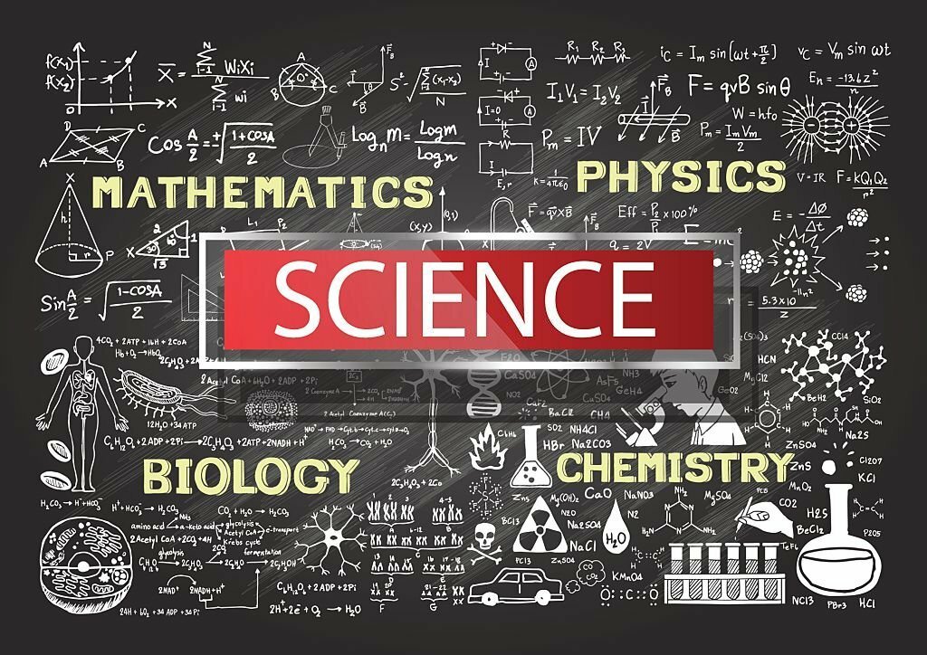 Hand drawn science on chalkboard.